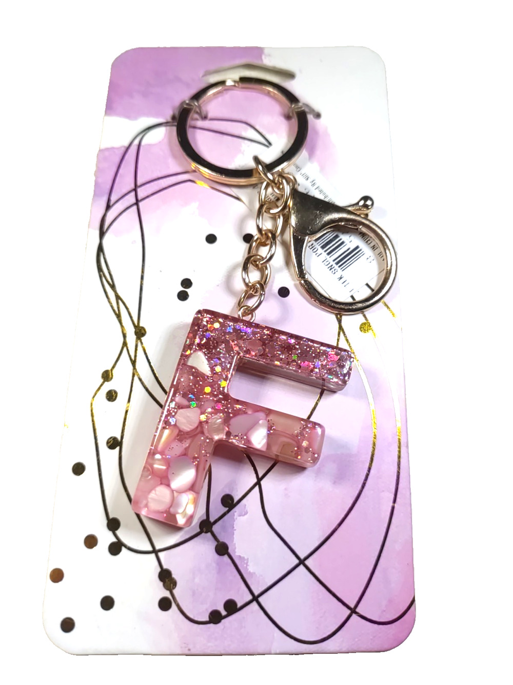 Initial F Letter Keychain Acrylic Pink Glitter Gold Tone